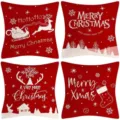 Christmas linen pillow cover detail showing festive red cushion with white deer and tree patterns. - 45x45cm (Without Insert) / Style 6