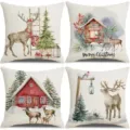 Christmas linen pillow cover set watercolor deer cabin decorative throw pillow cushion 4pcs - 45x45cm (Without Insert) / Style 7