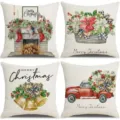 Christmas pillow covers set, rustic linen cushion covers with vintage holiday truck and floral design. - 45x45cm (Without Insert) / Style 10