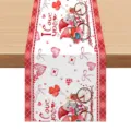 Valentine table runner detail shot, red plaid border with sweet gnome and heart print. - Style E