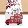 Valentine red truck table runner detail showing festive heart tree print on linen fabric. - Style F