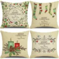 Detailed view of Christmas linen cushion cover featuring festive holiday elements and patterns. - 45x45cm (Without Insert) / Style 20