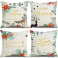 Christmas linen throw pillow cover detail, festive holiday deer and pine branch pattern case. - 45x45cm (Without Insert) / Style 24