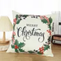 Fodera per cuscino natalizia in lino con ghirlanda festiva e scritta MERRY CHRISTMAS. - 45x45cm / Modello 4