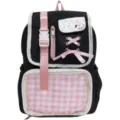 Zaino nero kawaii in stile giapponese carino con spallacci rosa e tasca trasparente. - Zaino Nero Senza Accessori