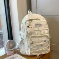 Sac à dos étudiant en toile blanche motif étoiles mignon avec poche transparente ours. - Avec Charme / Blanc