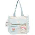 Bolso tote de lona retro colorblock, bolso de hombro grande con bolsillo transparente y peluche - Azul