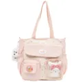 Bolso tote de lona con lunares retro, bolso bandolera rosa con múltiples bolsillos y peluche. - Rosa