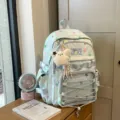 Joli sac à dos scolaire à motif d'étoiles avec poche transparente et pendentif ours mignon - Avec Charme / Bleu