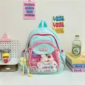 Cute Japanese style ita backpack pastel blue school bag with clear window and plush bunny pendant. - Blue Small With Picture Accessories 2
