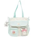 Retro color-block canvas tote bag with cute plush charms, large capacity commuter shoulder bag. - Green