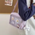 Japanese ins style ita bag sweet cute transparent mesh shoulder messenger bag with plush charm - With Pendant and Badges / Purple