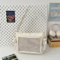 Bolso cruzado minimalista de lona beige, bolso bandolera de estudiante con bolsillo. - Blanco