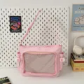 Pink canvas messenger bag with clear front pocket, cute aesthetic ita bag for daily school use. - Pink