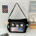 Canvas Itabag Crossbody Bag Transparent Pocket Messenger Bag Casual Cute Shoulder Bag - Black (With Bear Pendant)