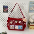 Red transparent ita bag, large capacity canvas messenger shoulder bag with clear display window. - Red (With Bear Pendant)