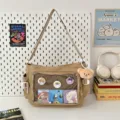 Japanese style canvas ita shoulder bag with transparent front pocket and cute bear pendant. - Khaki (With Bear Pendant)