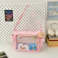Pink canvas ita bag with transparent pocket, cute bear pendant, large shoulder bag. - Pink (With Bear Pendant)