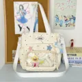 Japanese style polka dot canvas ita bag with clear front pocket for student anime fans - With Charm / Beige
