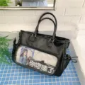Gran bolso ita de cuero PU negro con ventana transparente para pines y exhibición de anime. - Negro