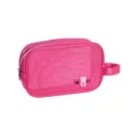 Pink mesh toiletry bag, portable travel cosmetic pouch with handle, large capacity storage. - Rose Red