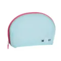 Light blue mesh cosmetic bag with pink zipper, cute bear patch travel toiletry organizer. - Blue