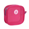 Bright pink mesh cosmetic bag with zipper and round logo patch, perfect for travel storage. - Rose Red