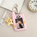 Plush photocard holder keychain cute Korean style transparent id card sleeve pink badge - Pink Smile