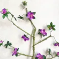 Primo piano di fiori di azalea artificiali con rami in schiuma morbida per la decorazione. - Viola