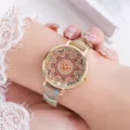 Boho vintage quartz watch with canvas strap and ethnic dial for women detail views. - Style E