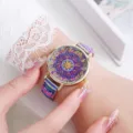 Bohemian style women quartz watch with colorful mandala dial and vintage woven fabric strap. - Style F