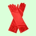 Gants en satin rouge vue de détail avec nœud élégant pour spectacle de déguisement. - Longueur environ 29cm / Rouge Vif
