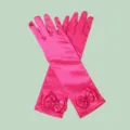 Kids pink satin long gloves with cute bow and gem detail for princess party stage performance. - Length about 29cm / Rose Red