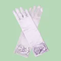 Exquisite long satin gloves for kids featuring elegant bows and sparkly purple gems detail. - Length about 29cm / Purple