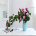 Artificial flower vine potted plant pink geranium fake floral home decor blue vase table top - Purple