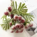 Artificial white dandelion flower bouquet, 4 stems pompon faux floral for home decor. - Burgundy