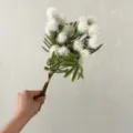 Artificial dandelion bouquet fluffy white flower heads green fern leaves home decor prop - White