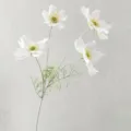 Artificial white cosmos flower branch with 4 heads, realistic silk floral for home decor. - White