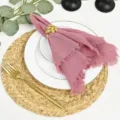 Pink crinkled cloth napkin with gold leaf napkin ring on white plate for wedding party table decor - 42*42 / Dark Pink (Hemmed)