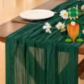 Dark green gauze table runner, pleated design, elegant wedding and party decor variant. - Emerald