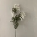 White artificial mimosa flower branch, fluffy faux floral stem for home wedding decor ornament. - White