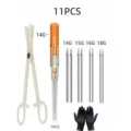 Body piercing kit detail showing sterile needles, plastic clamp, and gloves in mixed sizes. - Piercing Tool Kit (C) / Mixed Colors (C)