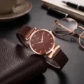Women quartz watch with brown dial rose gold case magnetic mesh strap elegant style detail view - Coffee