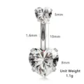 Detail view of double heart cubic zirconia stainless steel navel ring with precise size specs. - Heart