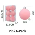 Pink flocking Christmas balls 6-pack, holiday tree hanging pendants with size specs. - Set of 6 / Pink