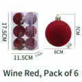 Burgundy flocked Christmas balls 6pcs set, velvet hanging ornaments for tree decor 6cm - Set of 6 / Burgundy