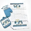Kitchen textile set includes oven mitt, pot holder and towel with cute owl pattern in blue. - 27*17 / Owl