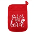 Red kitchen pot holder with pocket and baked with love text print, heat resistant fabric. - Baked With Love