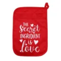 Dettaglio presina pentole trapuntata rossa, guanto forno San Valentino, amore - Il dolce ingrediente è l'amore