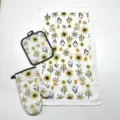 Kitchen oven mitt pot holder and towel set with yellow floral pattern, 3-piece cotton kit. - 27*17 / Floral Yellow